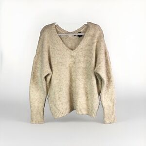 DKNY Jeans Sweater XL Ivory V-Neck Long Sleeve Fluffy Cozy Acrylic Blend Festive